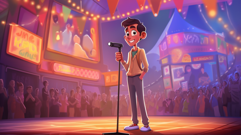cartoon-standing-on-stage-holding-a -microphone-bluebox-animation-services